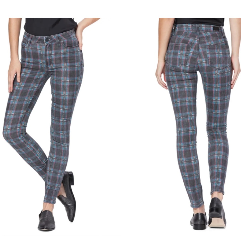 PAIGE Hoxton Tartan Black Blue Plaid High Waist Ultra Skinny Jeans Sz 24 Petite